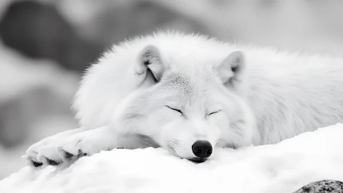 Arctic fox sleeps on snowdrift in soft winter light.