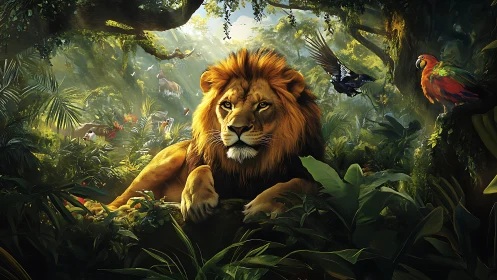 Regal lion resting in sunlit jungle with vibrant wildlife.