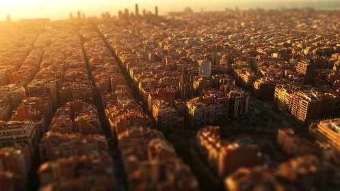 Sunlit gridded cityscape with long avenues at golden hour.