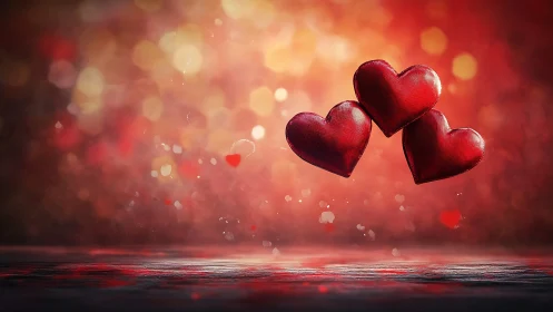 Three red hearts against warm bokeh background with particles.