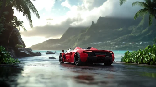 Red supercar parked on wet tropical coastal road.