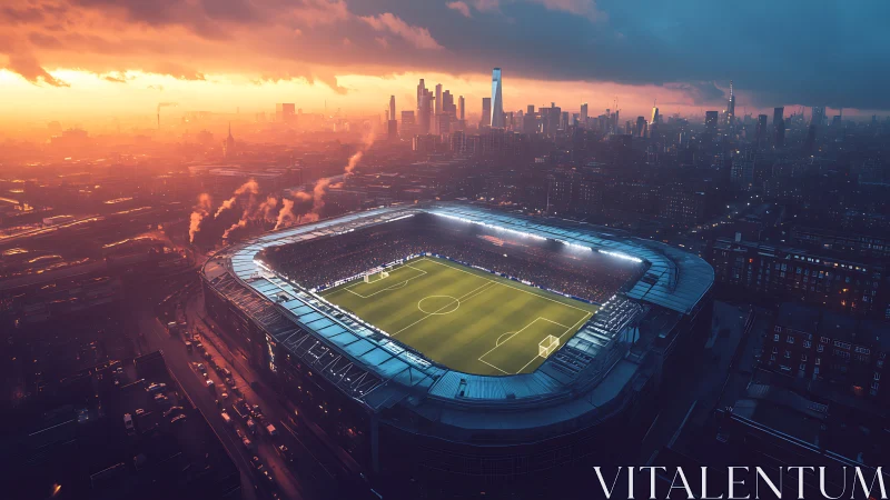 Floodlit urban football stadium under dramatic sunset sky.