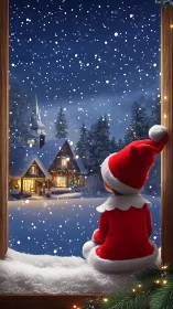 Child in red Santa outfit gazes over cozy snowy village.