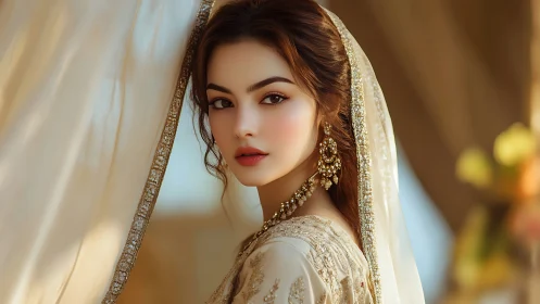 Bridal portrait in soft light and embroidered ivory veil.