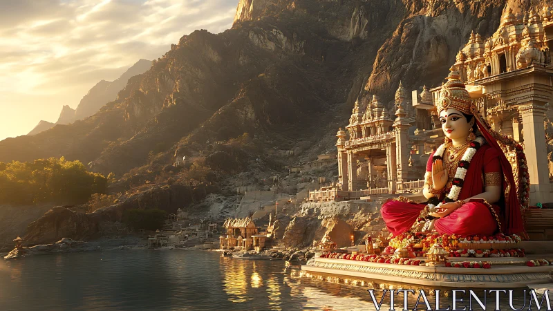 Hindu riverside temple complex with seated deity statue at dusk.