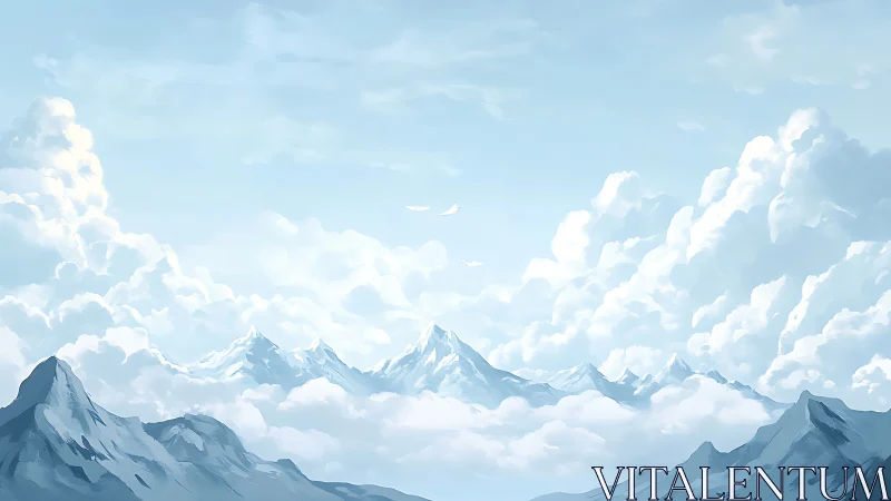 Bright cloudscape above distant snowy mountain range.