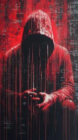 Hooded figure in red glitch matrix with obscured digital identity