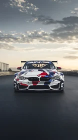 Track-ready race car stands poised under a calm sunrise sky