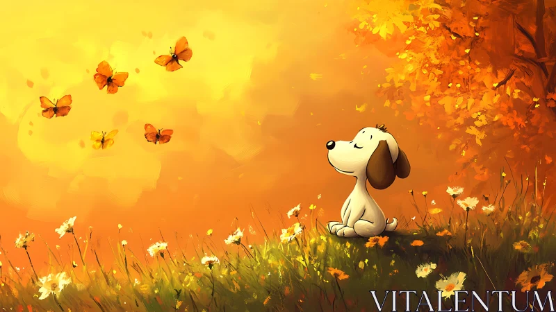 Cartoon puppy meditates in warm autumn meadow with drifting butterflies