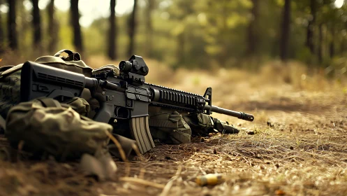 Modern tactical rifle on forest floor with gear in view.