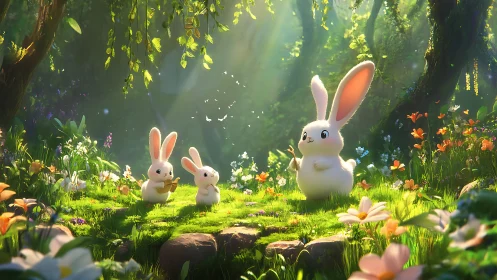 Fluffy white rabbits share sunlight in lush enchanted forest