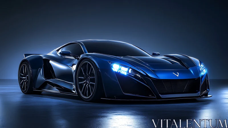 Sleek blue supercar in dark studio side front view shot.