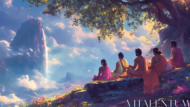 Mystic robed figures meditate above luminous cloud valley
