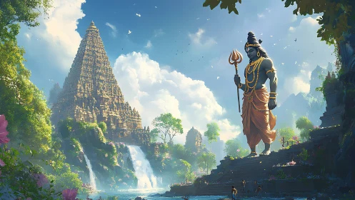 Majestic riverside temple and serene divine guardian glow