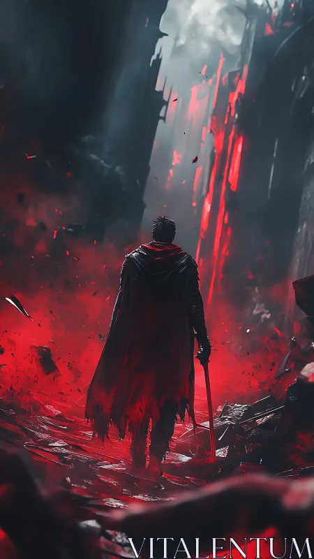 Lone warrior strides through crimson ruins toward chaos.
