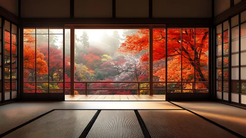 Tatami stillness opening onto a blazing autumn maple dream.