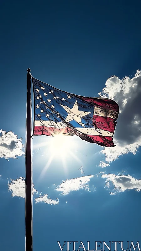 Sunlit American flag waving gently in a bright blue sky.