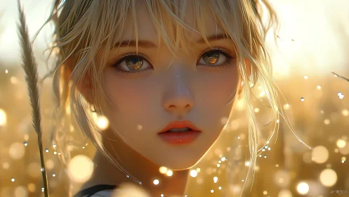 Blonde girl portrait rendered in glowing golden field light