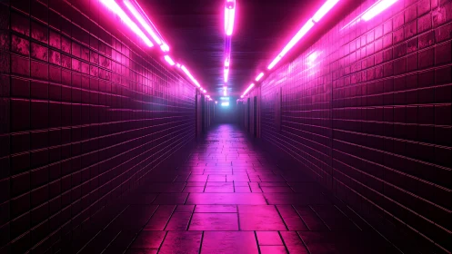 Neon illuminated tiled corridor with linear vanishing point.
