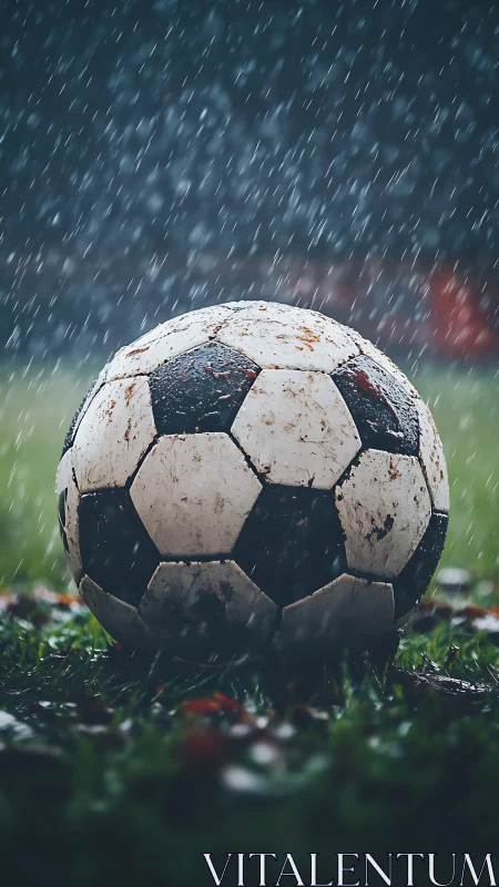 Weathered soccer ball under pouring stadium rainstorm.