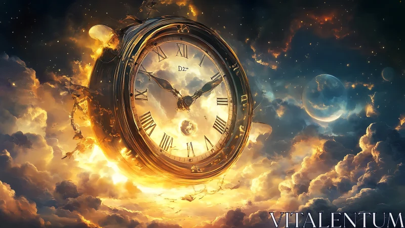 Cosmic clock twists through burning clouds and twilight void.