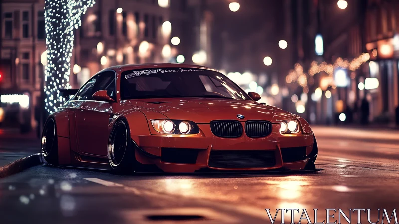 Street-lit orange BMW glows with low-slung nighttime style.