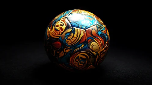 Colorful patterned soccer ball glowing in soft studio light.