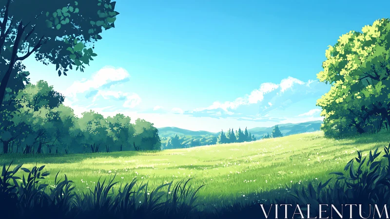 Sunlit summer meadow stretches toward distant blue hills