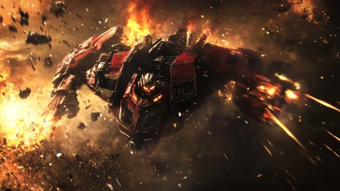 War-torn space mech erupts through blazing cosmic battlefield
