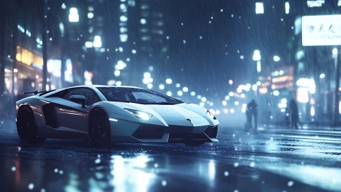 White supercar on wet neon city street at night.