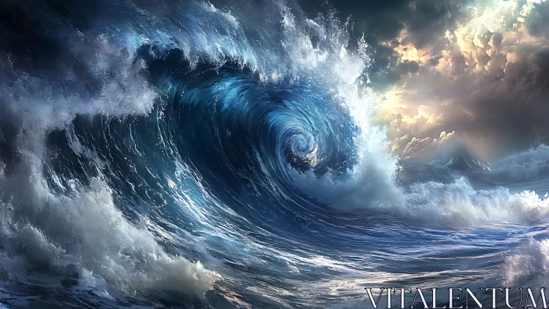 Storm wave vortex under dramatic cloudlit sky.