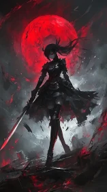 Armored swordswoman silhouette before large red moon.