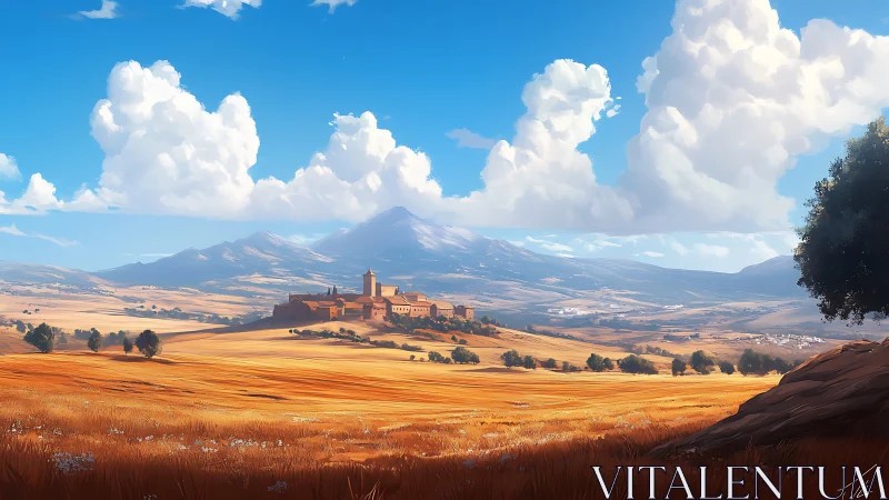 Digital landscape shows distant village across golden plain