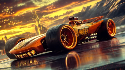 Futuristic orange race car on wet track at blazing sunset.