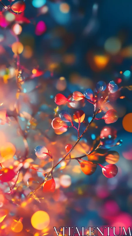 Macro view isolates colorful droplets on thin plant stems