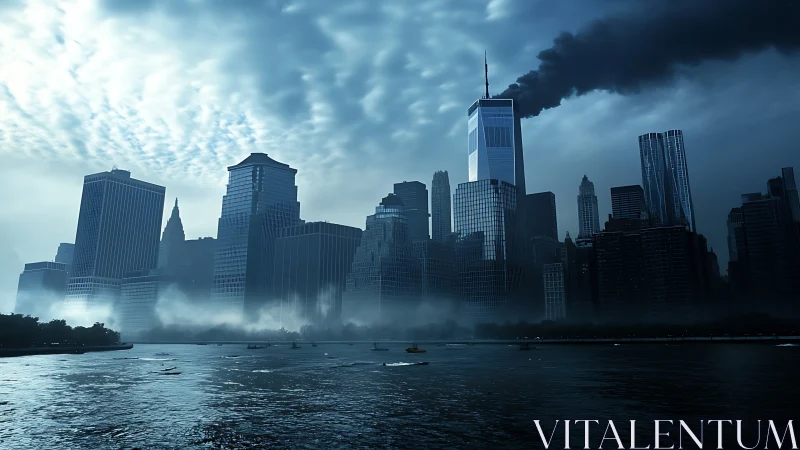 Smoky blue metropolis skyline over river in cinematic light.