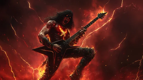 Infernal guitarist shreds molten riffs through erupting firestorm