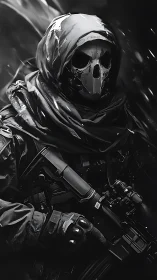 Hooded skull-masked soldier grips tactical rifle in storm
