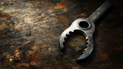 Photorealistic metallic wrench on distressed rusted steel surface.