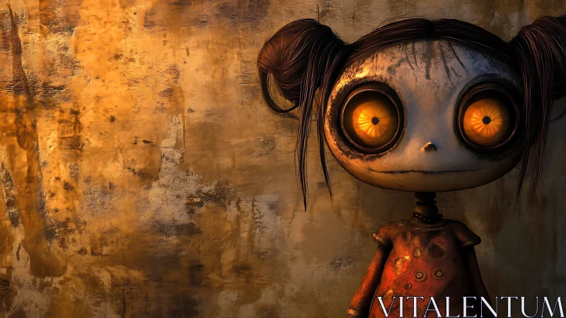 Wide-eyed doll girl haunts grunge wall in amber light.