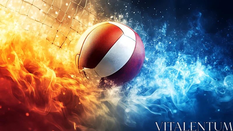 Volleyball suspended between fire and ice in dynamic contrast