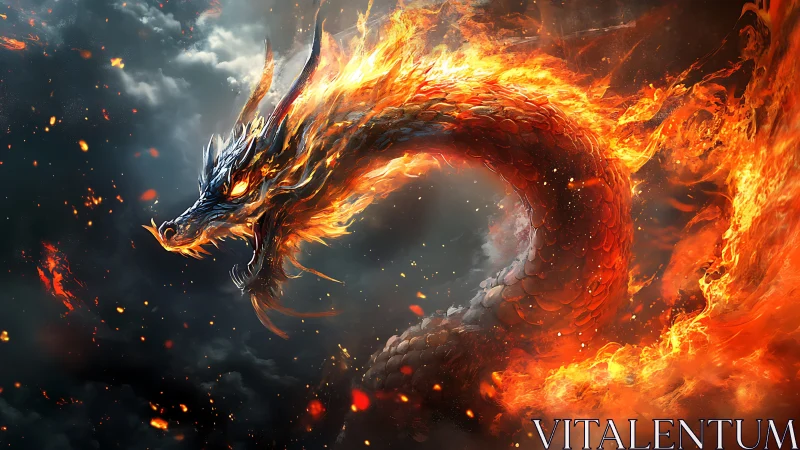 Fiery serpentine dragon arcs through storm and embers.
