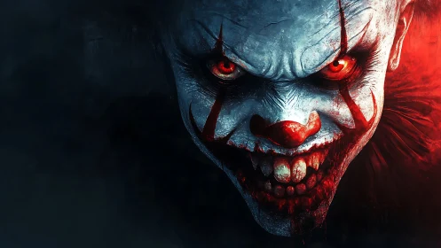Sinister horror clown portrait with burning red eyes