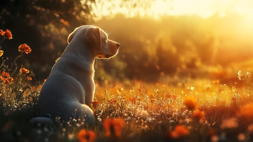 Golden retriever sitting in sunset meadow with flowers.
