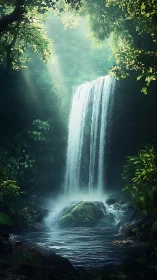 Sunlit forest waterfall over mossy rocks into pool.