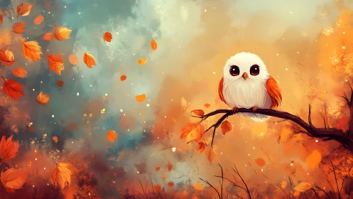 Bright-eyed autumn owl dreaming on a wind-tossed branch.