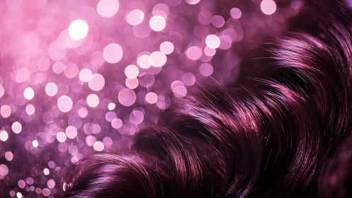 Curled magenta hair strand against pink bokeh lights