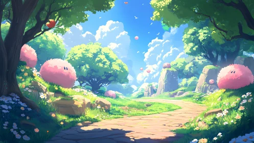 Pink puff creatures bask under serene skies on forest path