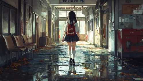 Solitary schoolgirl crossing rain soaked abandoned corridor