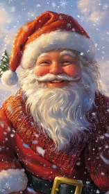 Santa figure in red winter clothing amid falling snow.